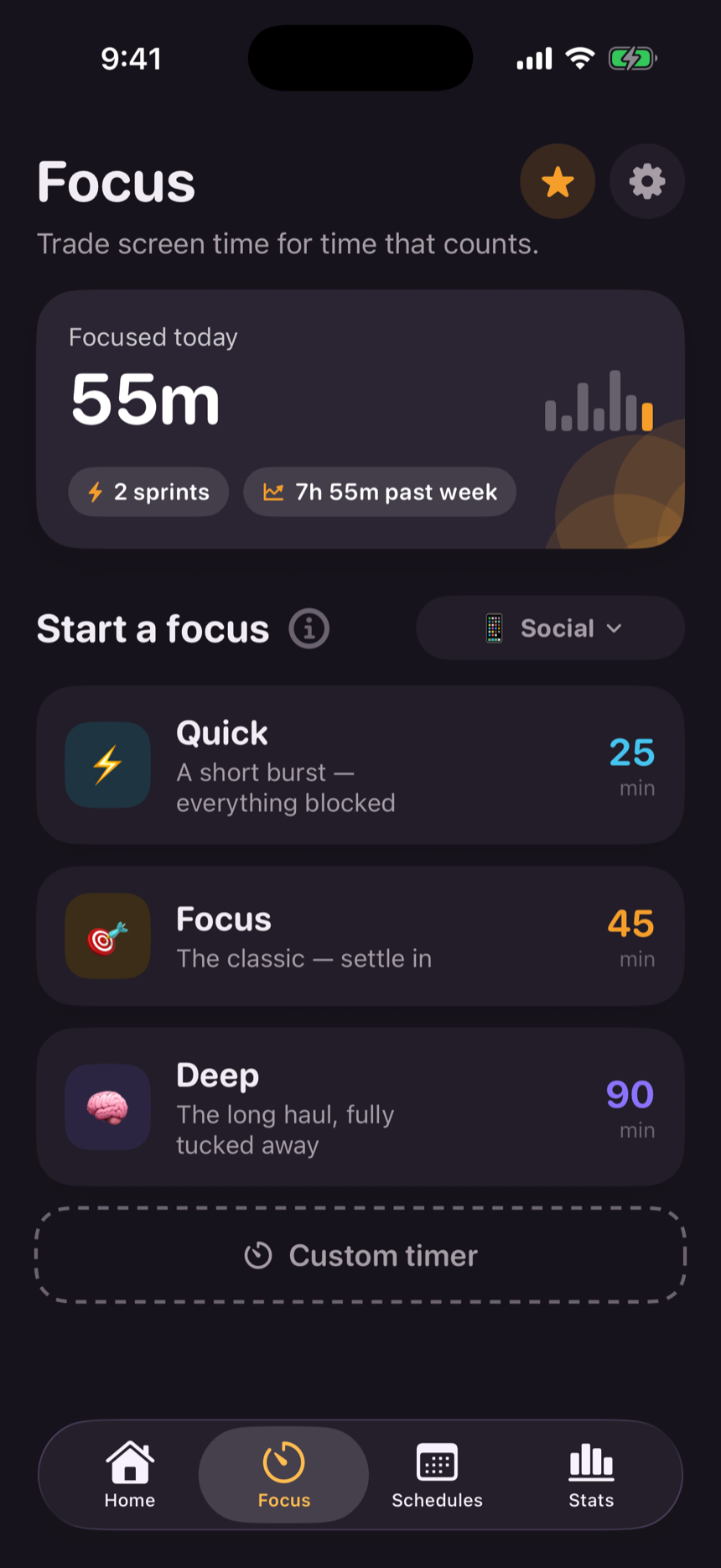 The same Focus screen in full dark mode