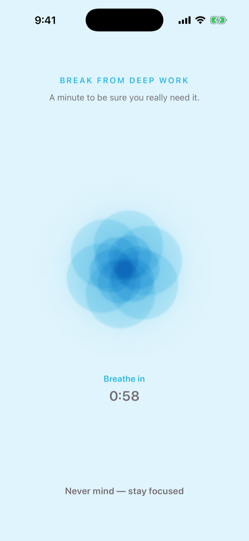 The breathing gate: a glowing flower and a countdown, 'A minute to be sure you really need it'