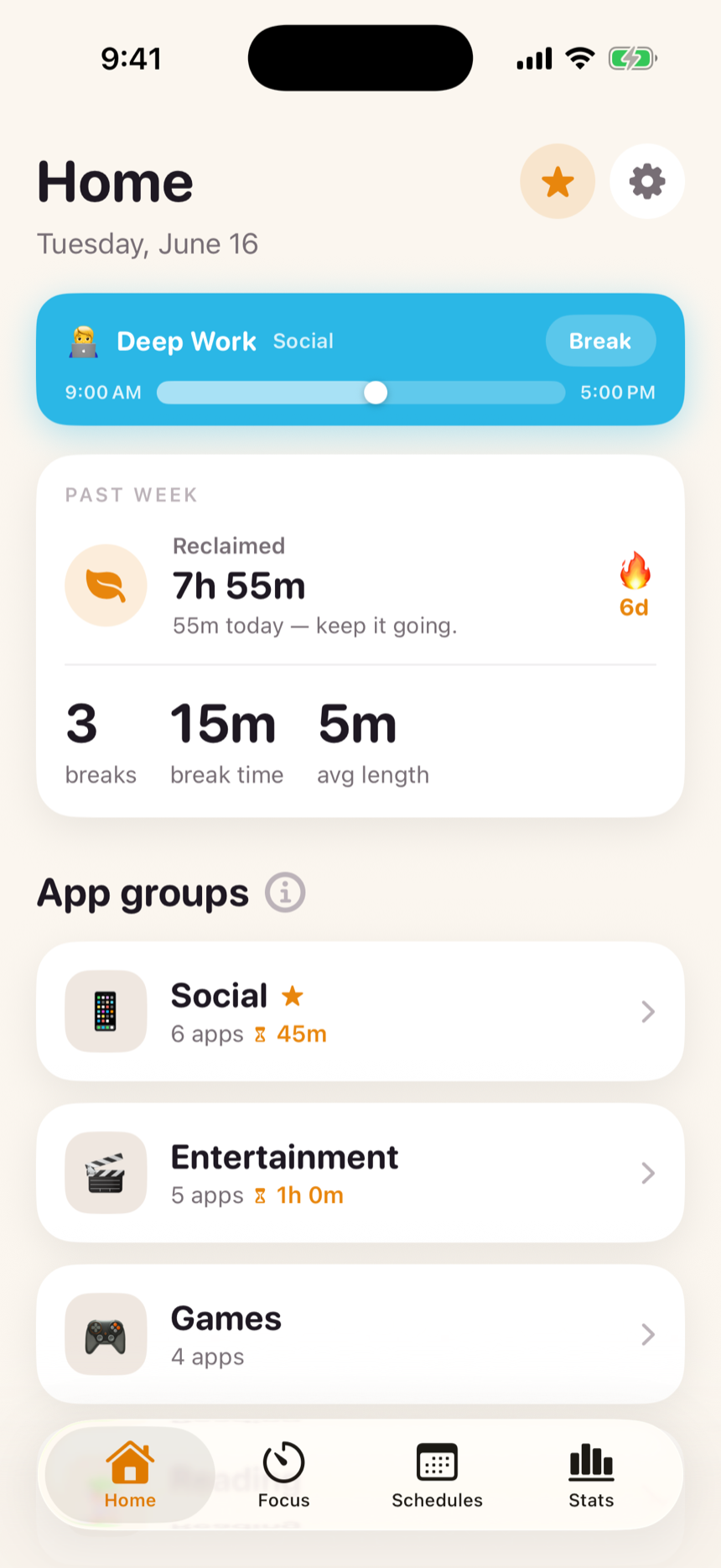 Marigold's Home: a live schedule, time reclaimed this week, a focus streak, and your app groups