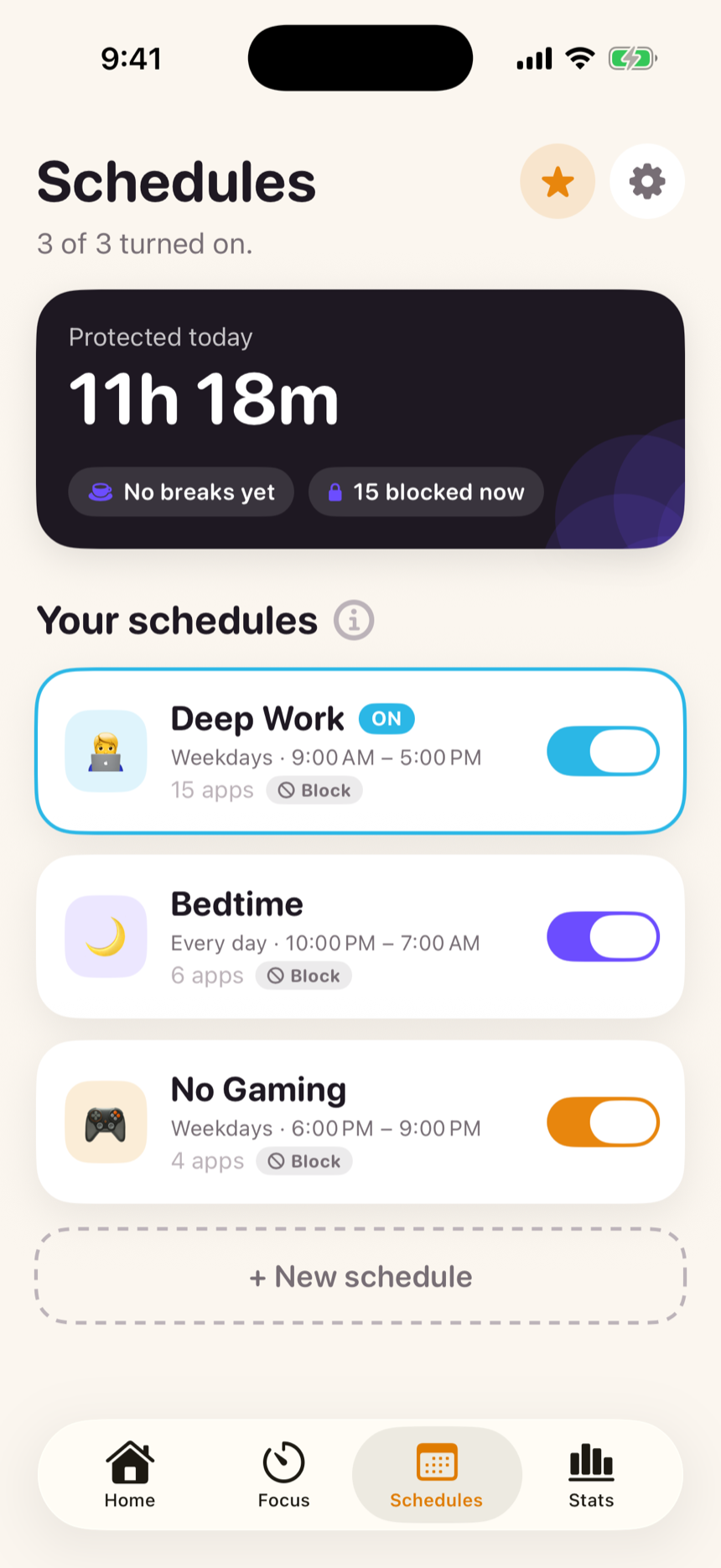 Schedules screen: Deep Work, Bedtime, and No Gaming, each with days, hours, and a block badge